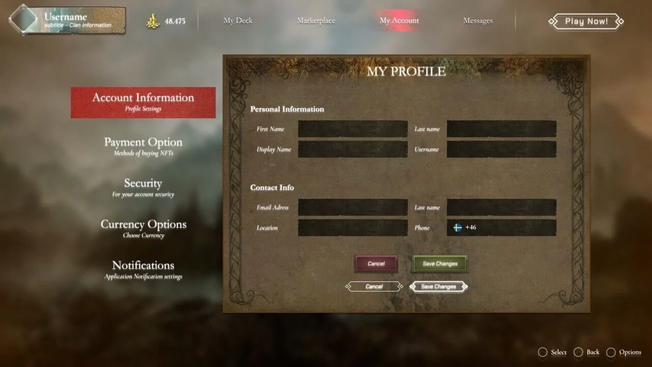 Video game user profile screen displaying personal information fields for name, display name, username, email, location, and phone number, with options to save changes or cancel.