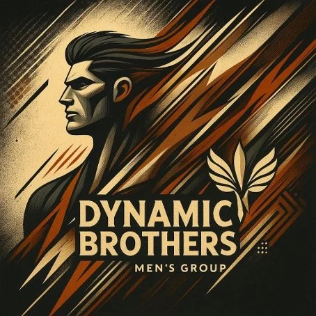 Grafik mit männlichem Portrait, Aufschrift 'Dynamic Brothers Men's Group', stilisierte Blätter, dynamischer Hintergrund in Schwarz, Braun und Beige