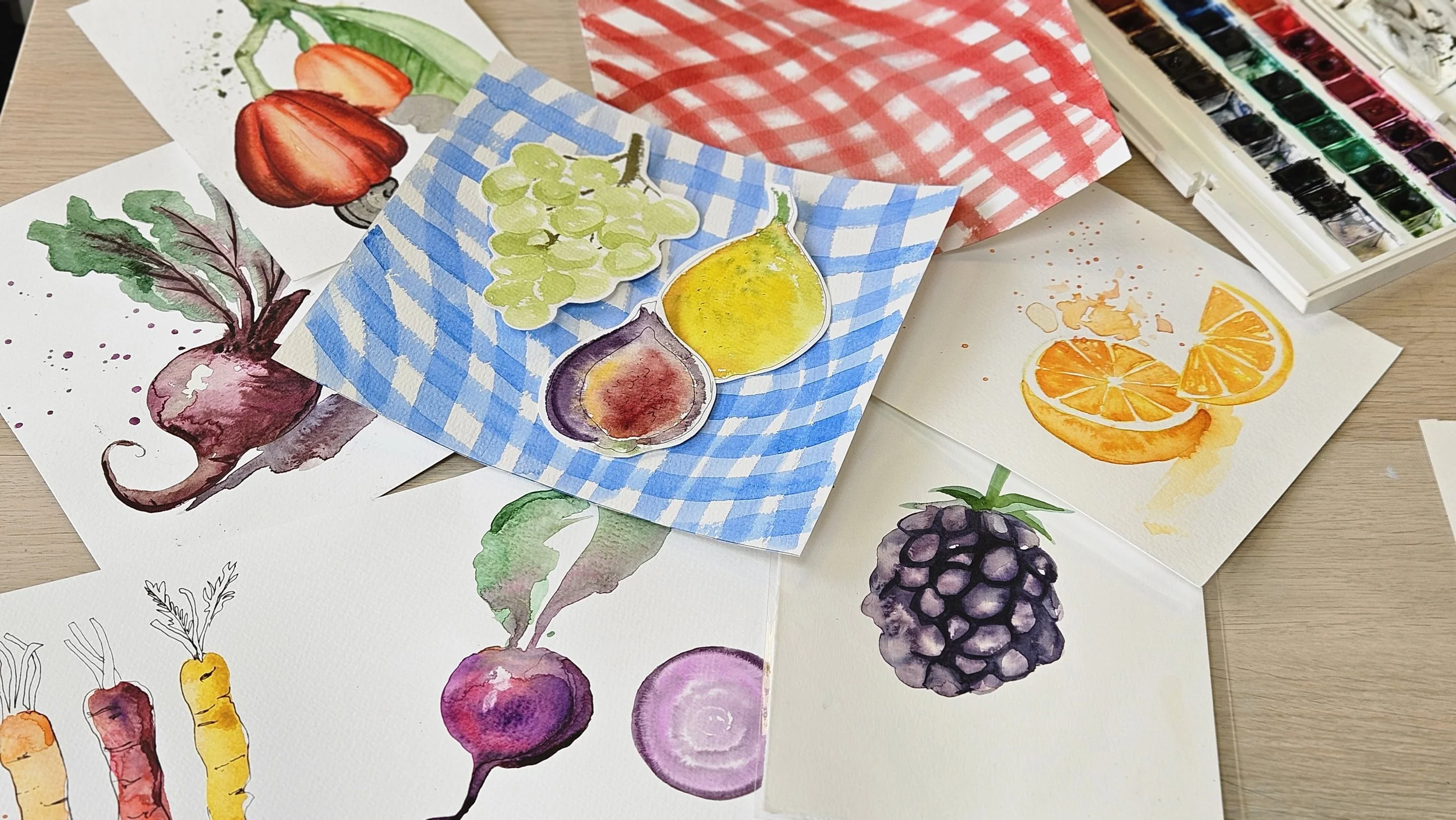 Watercolour summer fruits class with Eva Merendes Gingham picnic summer art workshop