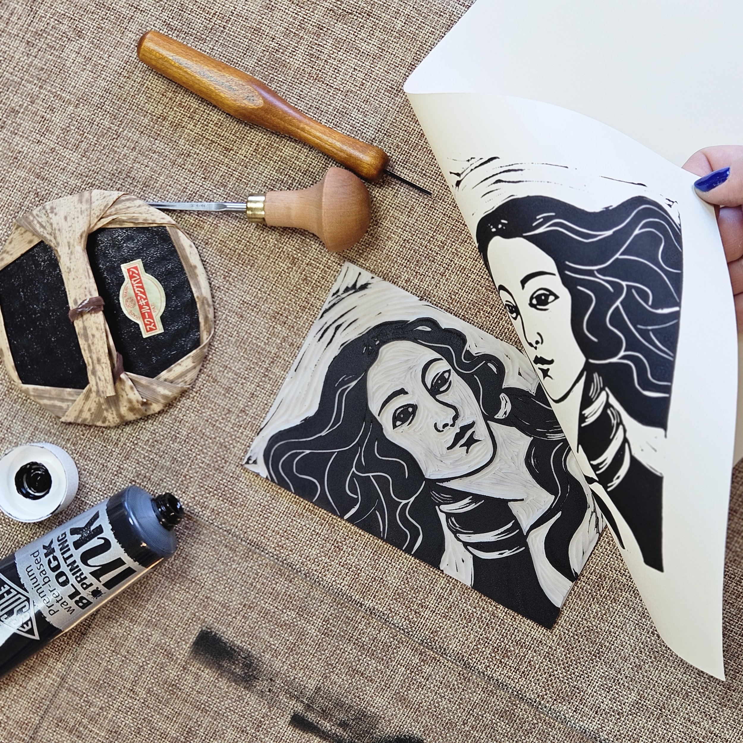 lino printing art class birth of Venus square .jpg