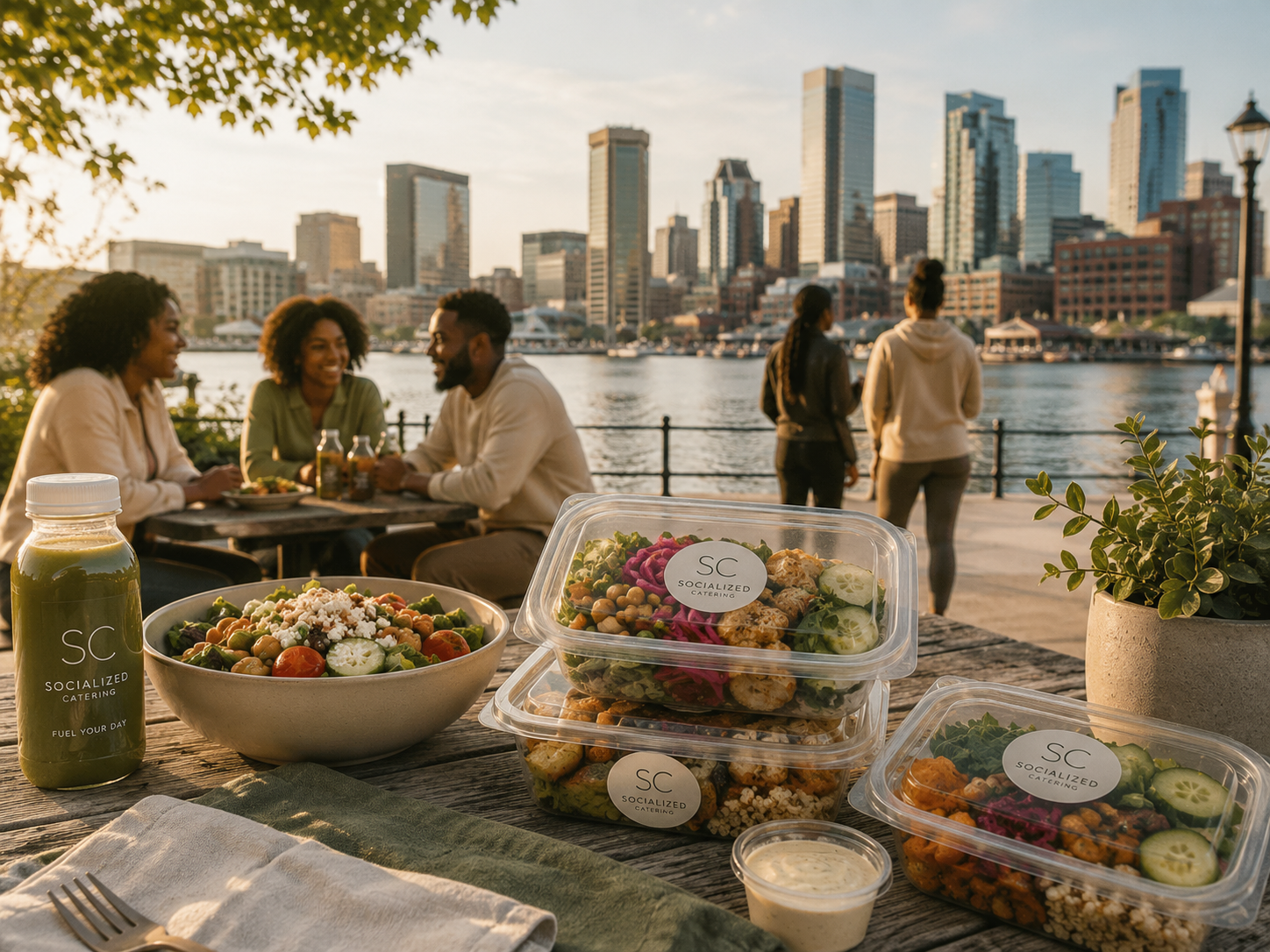 Socialized Catering grab-and-go meals and salads enjoyed outdoors along Baltimore’s waterfront during a community wellness gathering.