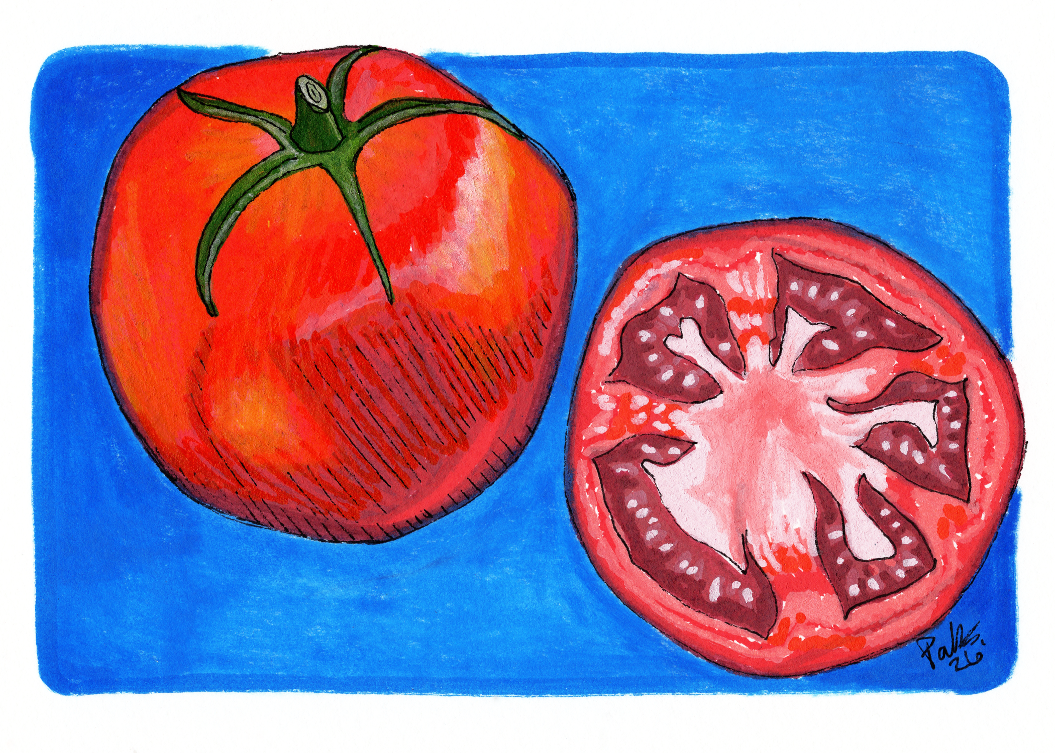 Acrylic Markers on watercolor paper. Originally made as a postcard and turned into a print. Referenced a tomato I picked out from the store.