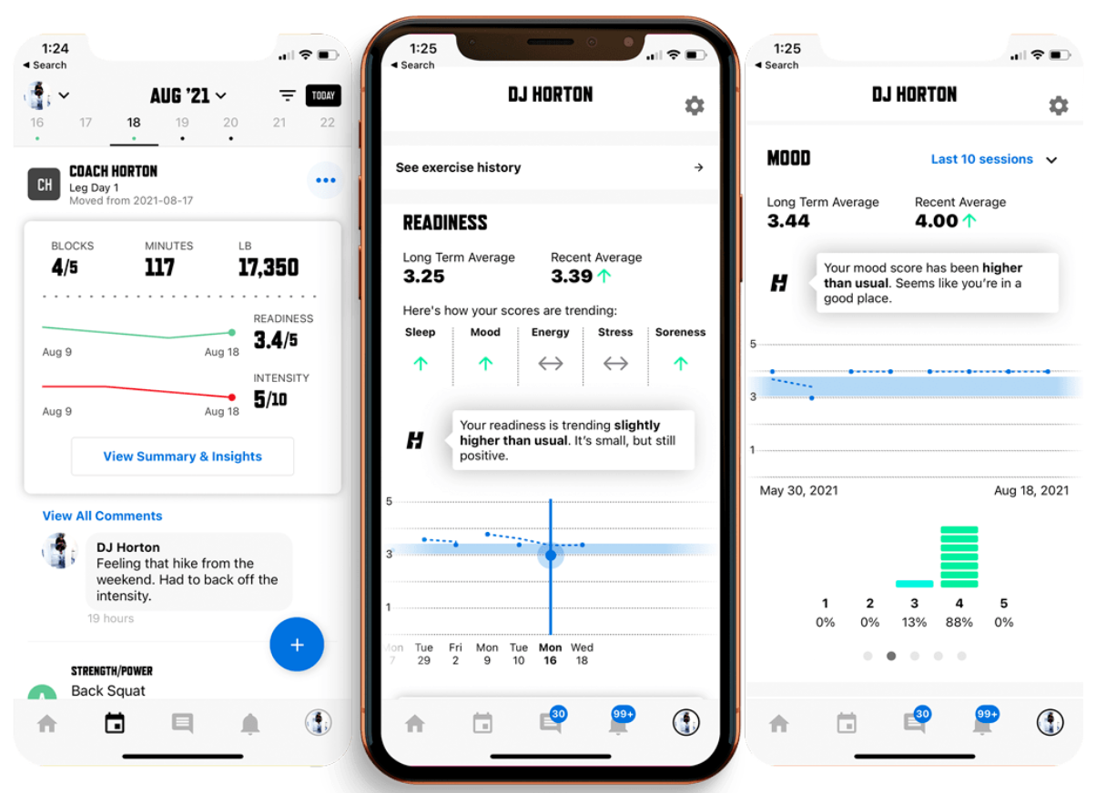 Screenshots of a fitness tracking app displaying workout data, exercise history, mood scores, and trends over time for a user named DJ Horton.