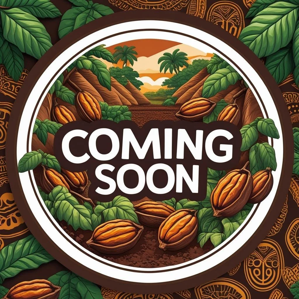 A circular digital illustration featuring cacao pods on green leaves, with a background of a scenic landscape with palm trees, mountains, and an orange sky, and the text 'Coming Soon' in the center.