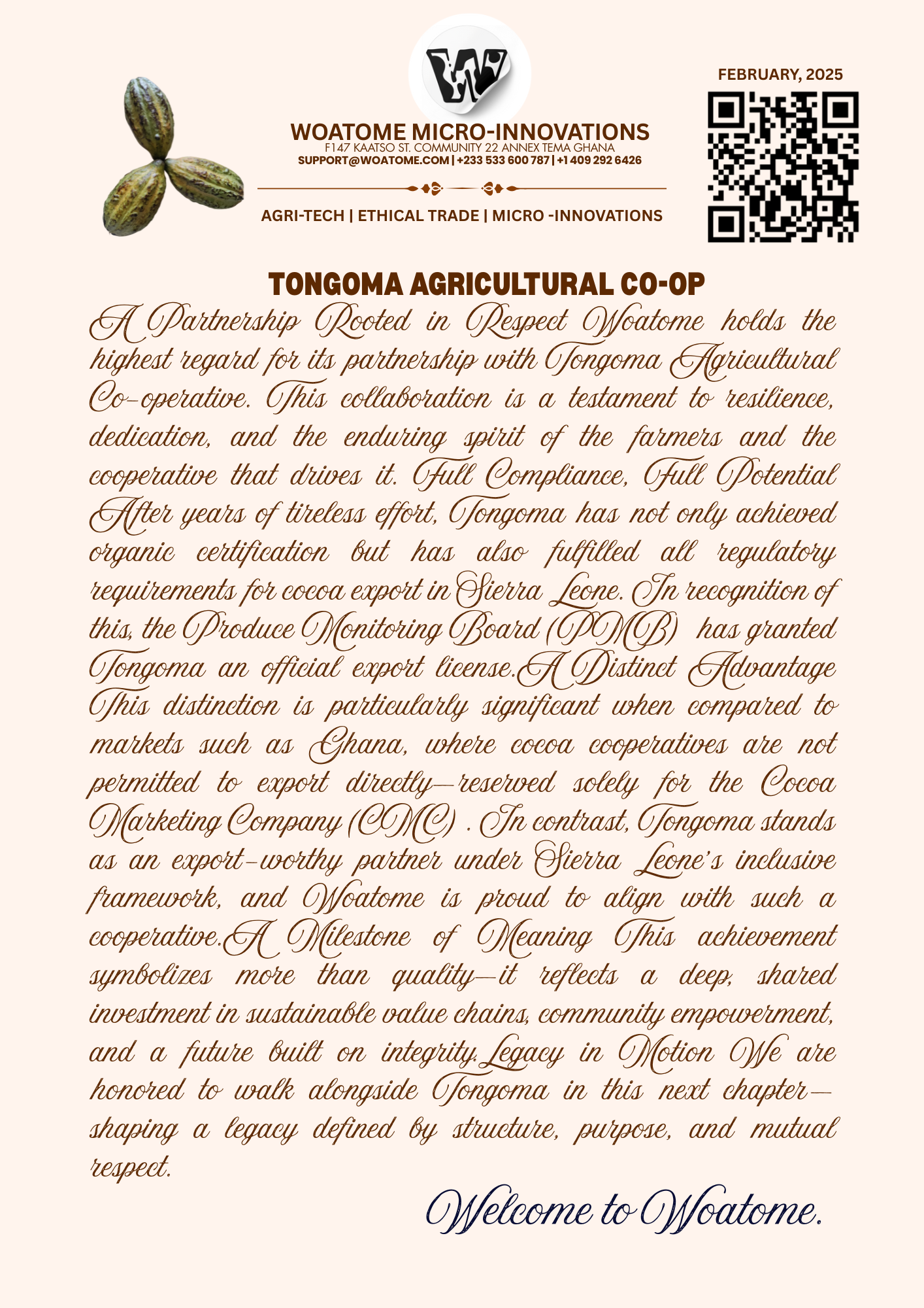 Woatome exports cocoa or cacao, kola, palm kernel shells, kernel oil, red palm oil & rubber—empowering African co-ops with Agritech, traceability & compliance.


