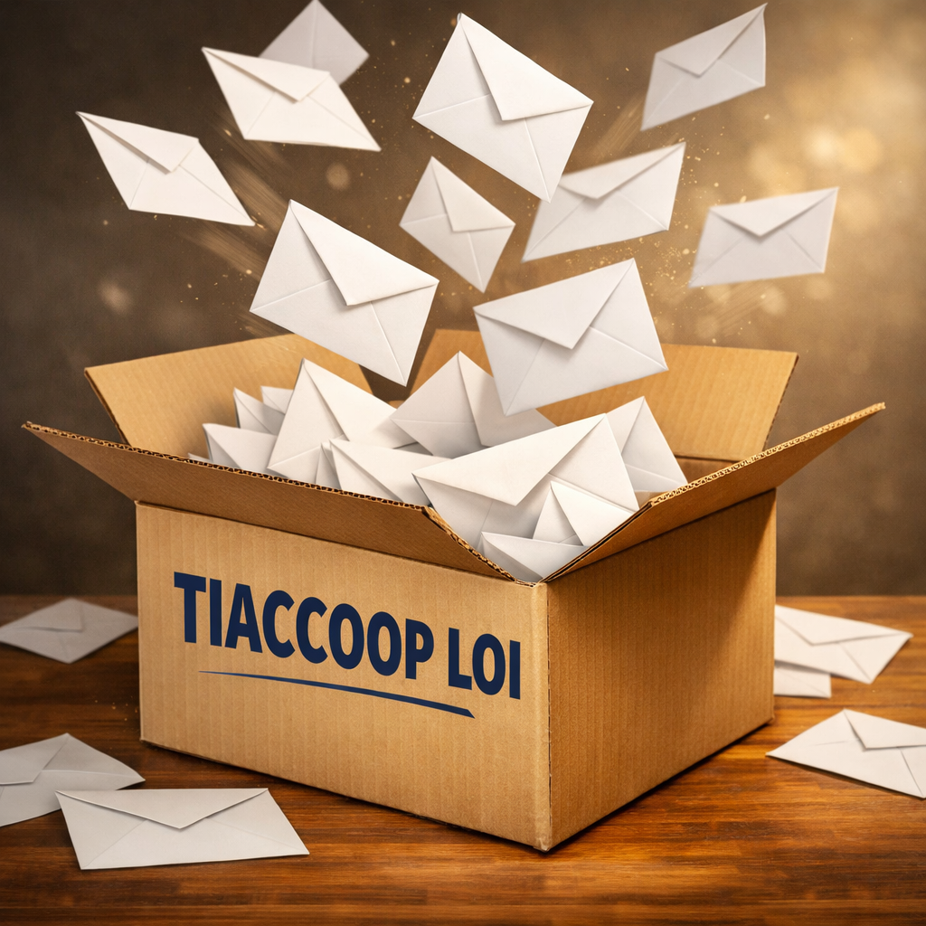 A cardboard box labeled 'TIACCOOP LOI' filled with flying white envelopes, some on a wooden surface, in a warm, glowing setting.