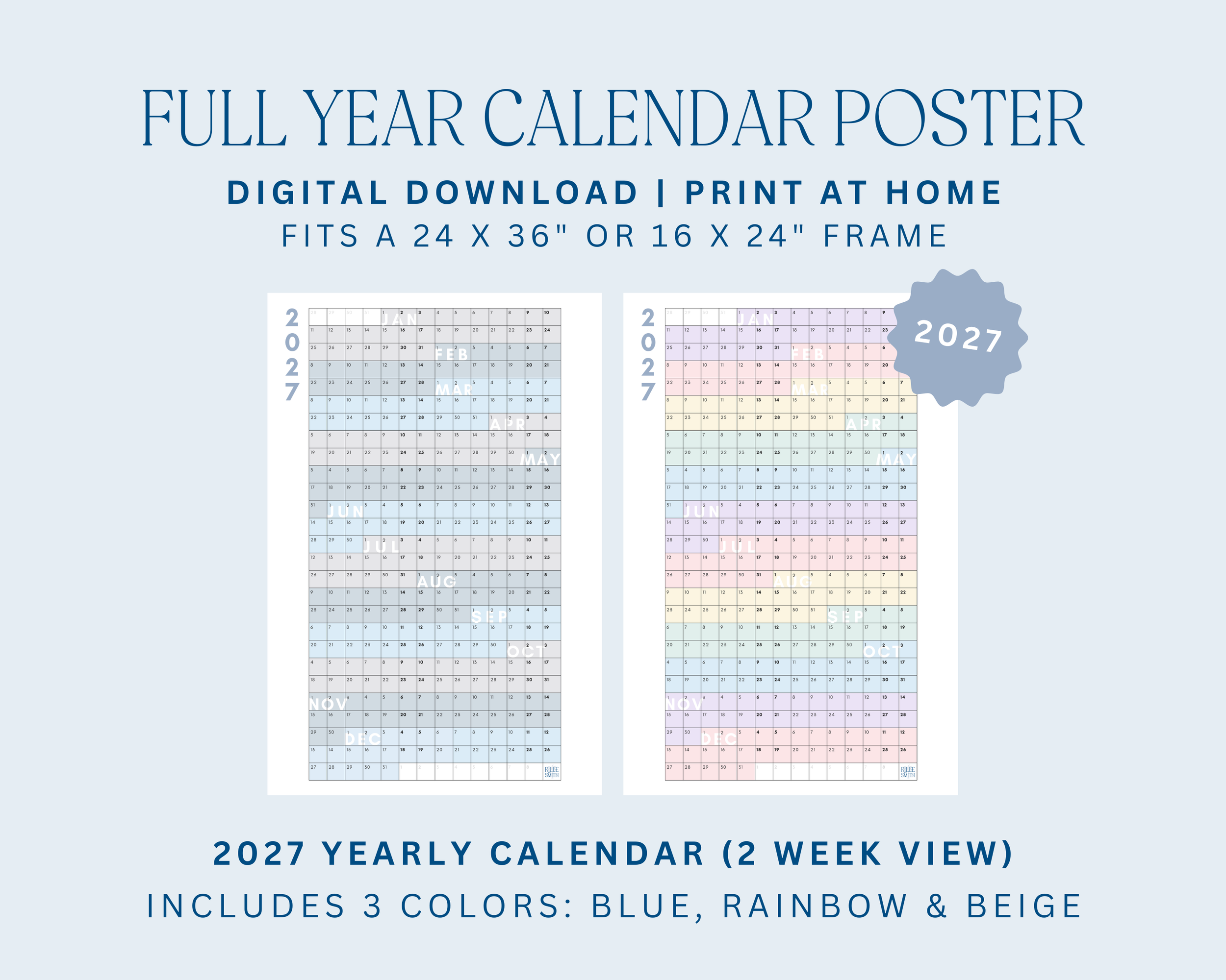 2027 Full Year Calendar (2 Week View)