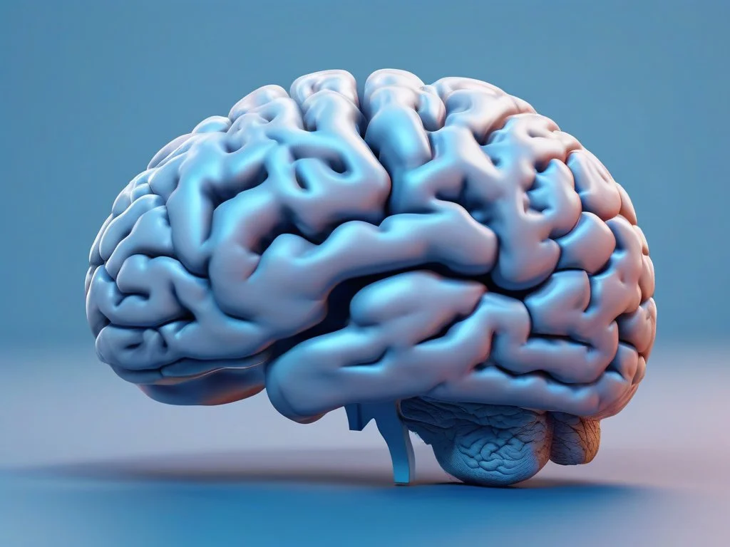 A 3D rendering of a human brain with a detailed surface texture, resting on a flat surface with a gradient blue background.