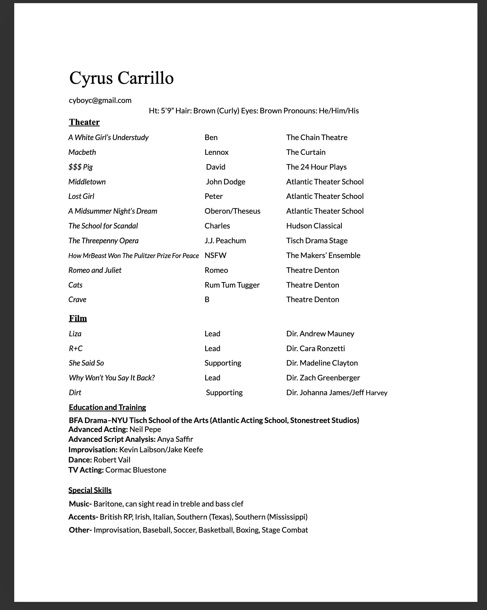A photograph of a resume for Cyrus Carrillo, showing personal information, education, and training details in a document format on a white background.
