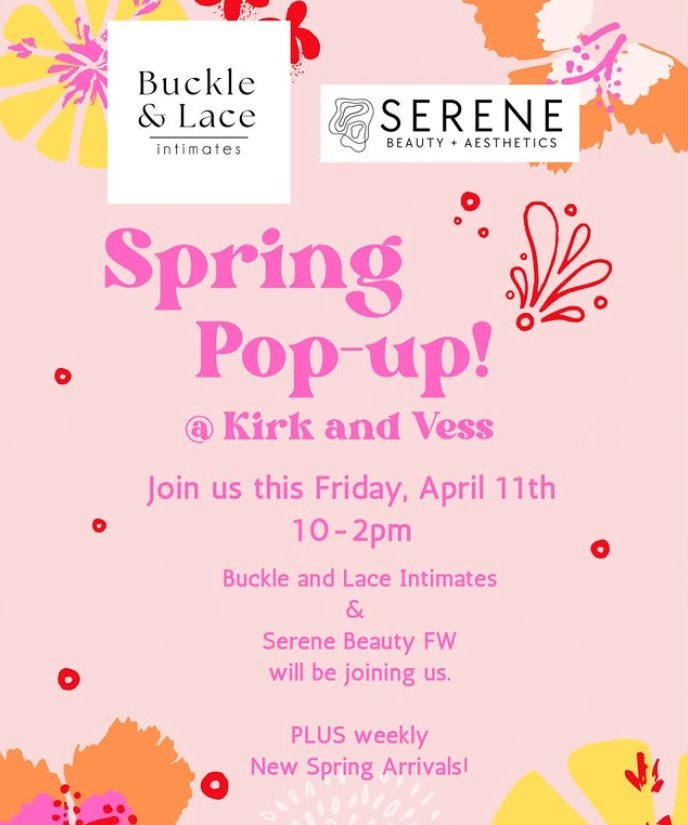 Come join us for a Spring Pop-up at @kirkandvess this Friday from 10 a.m. to 2 p.m.! Joining us will also be @serenebeautyfw , who will be offering discounted units of Xeomin! I'll bring a haul of flirty and comfy lingerie and sleepwear, as well as