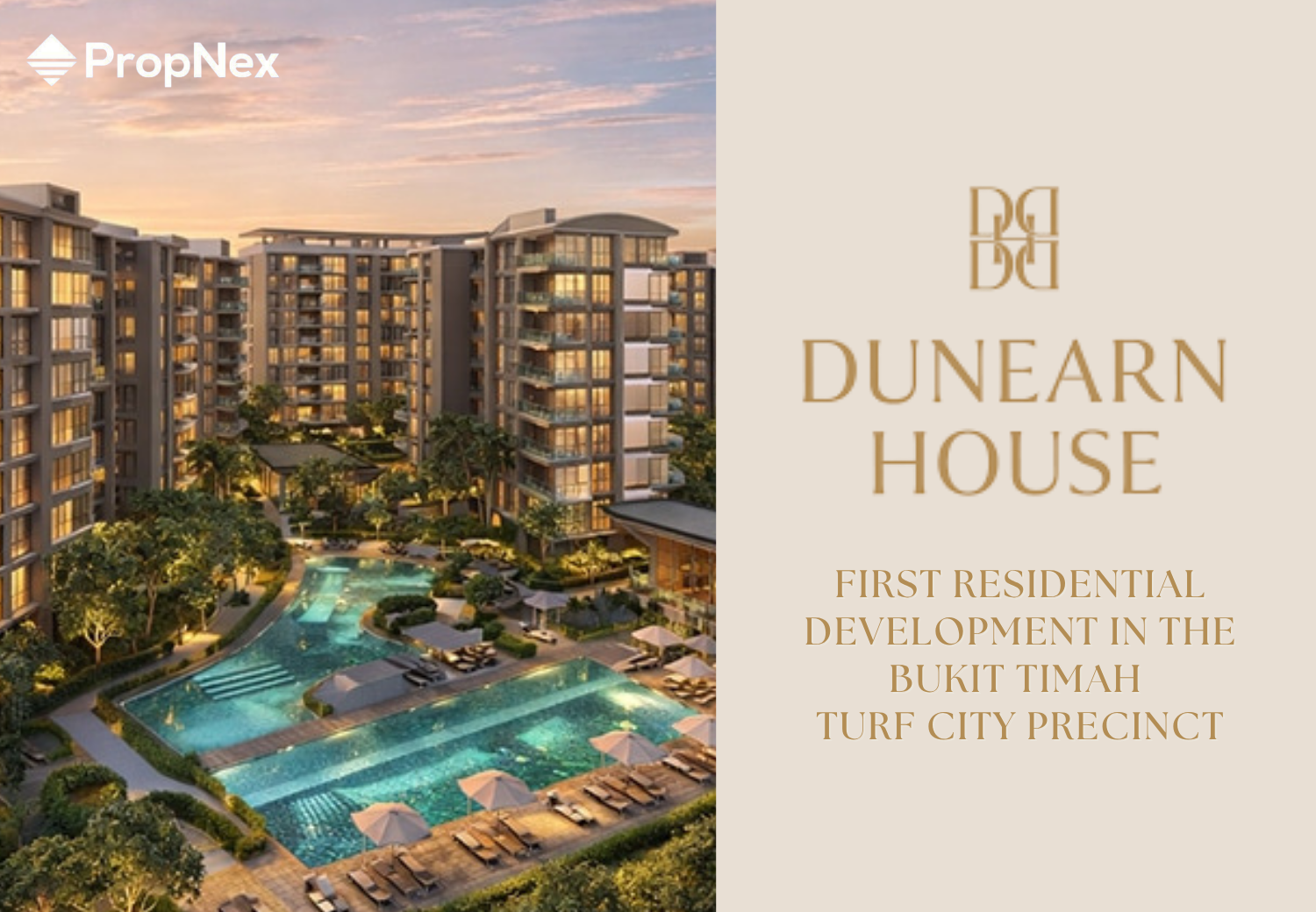 An illustration of a residential complex with tall buildings, a swimming pool, and landscaped greenery at sunset, promoting Dunearn House, a first residential development in Bukit Timah Turf City Precinct.