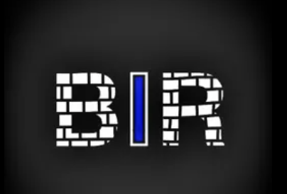 Text reading 'BIR' with a black background, each letter styled with a brick pattern and a blue vertical line between the 'I' and the 'R'.