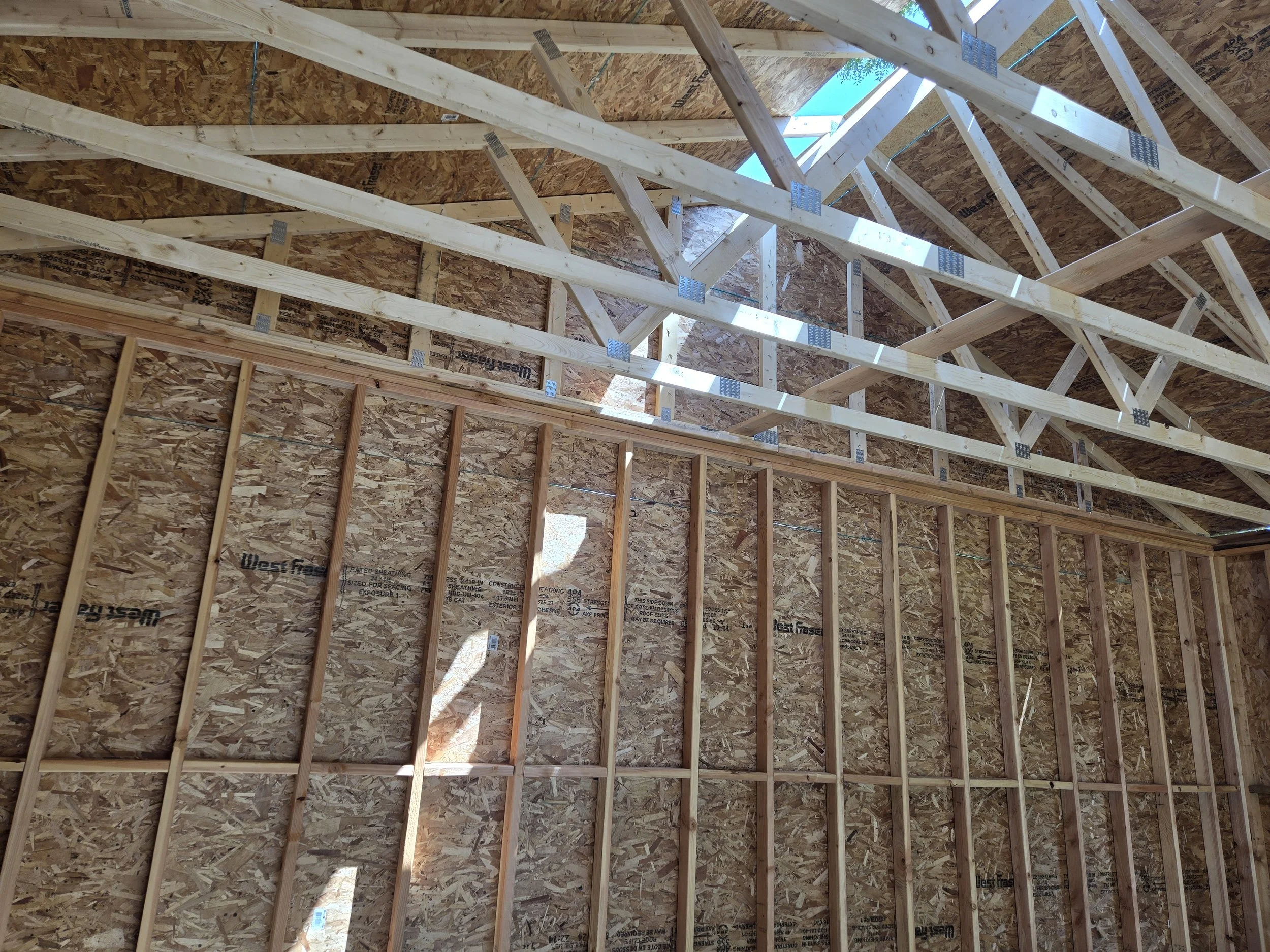 Interior view of a building under construction showing wooden framing and OSB wall sheathing with visible roof trusses and a small skylight opening.