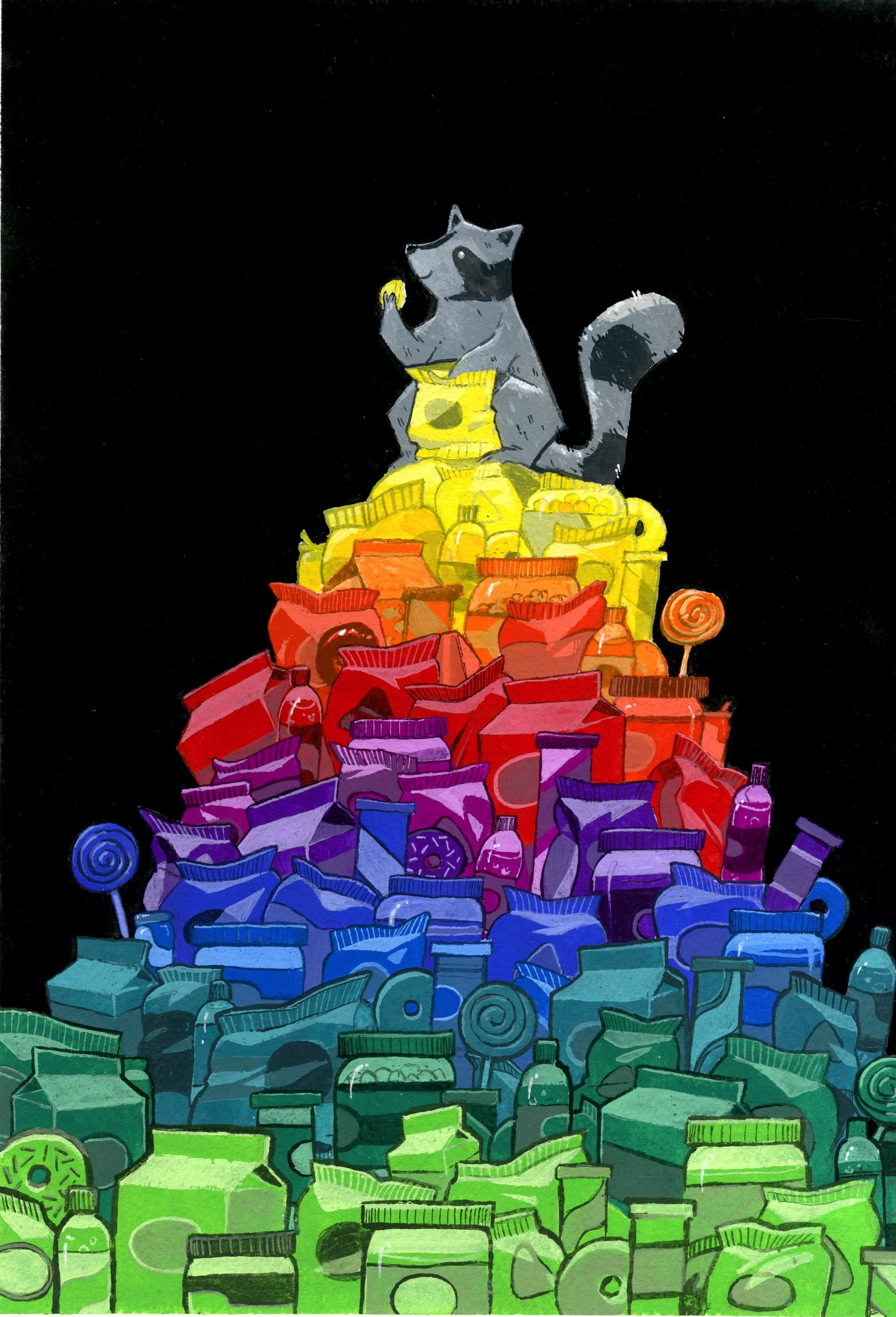 Rainbow Raccoon: an exploration of trash and color. Gouache on paper.