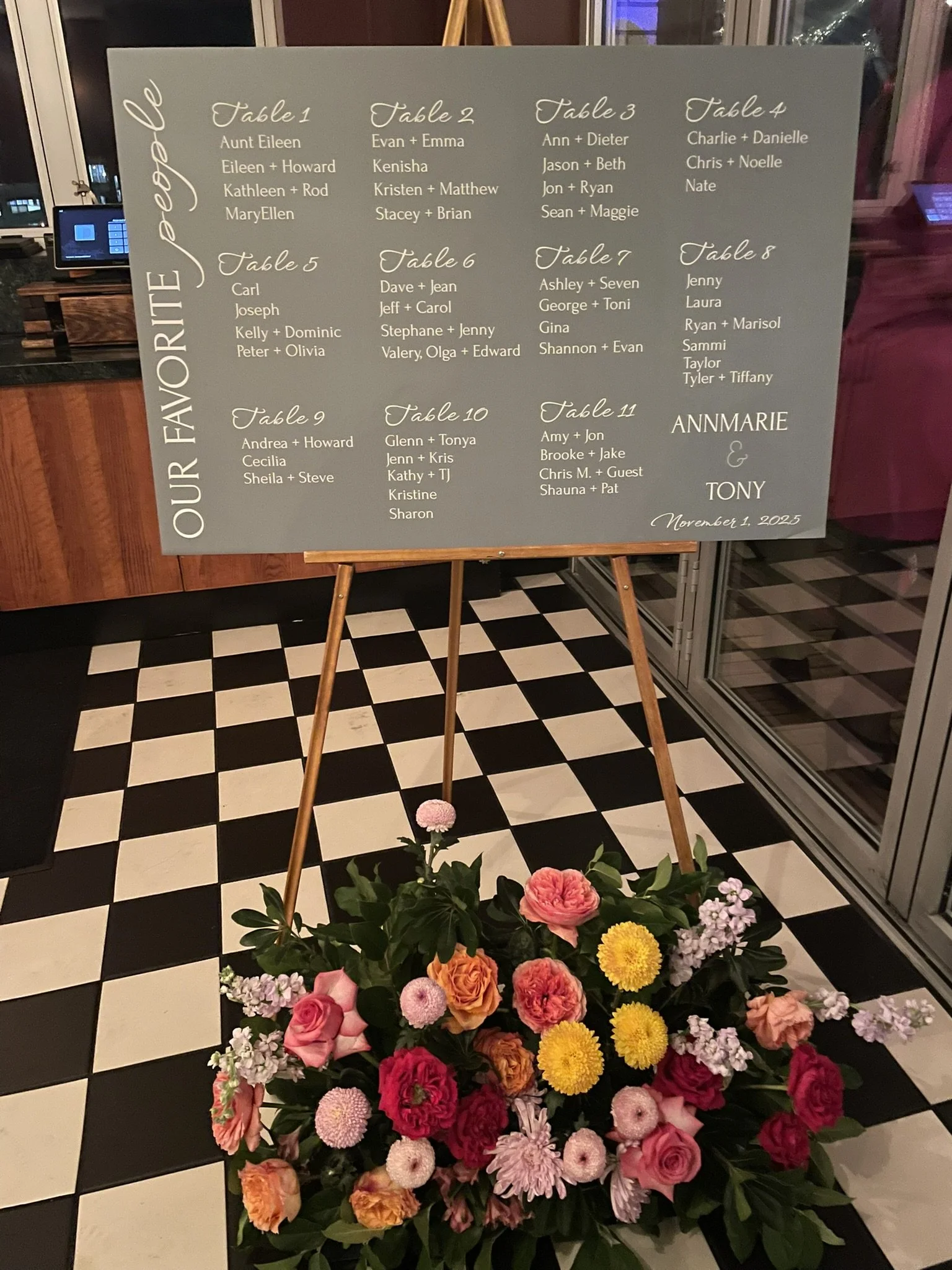 Seating Chart for a wedding with bright florals