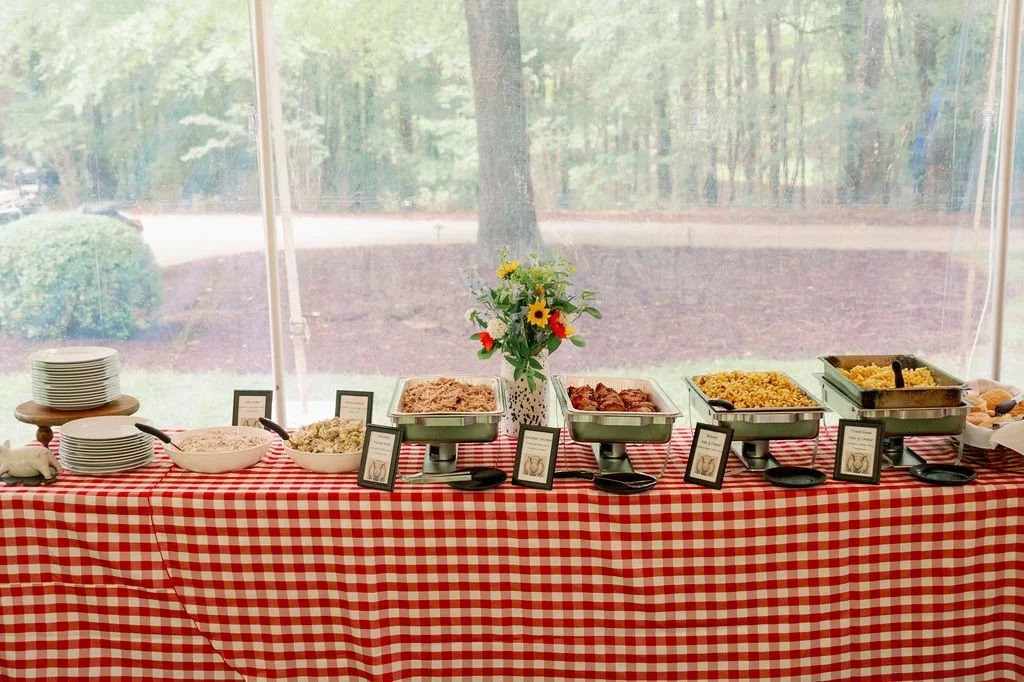 Linens, rentals and florals add to this BBQ themed buffet 