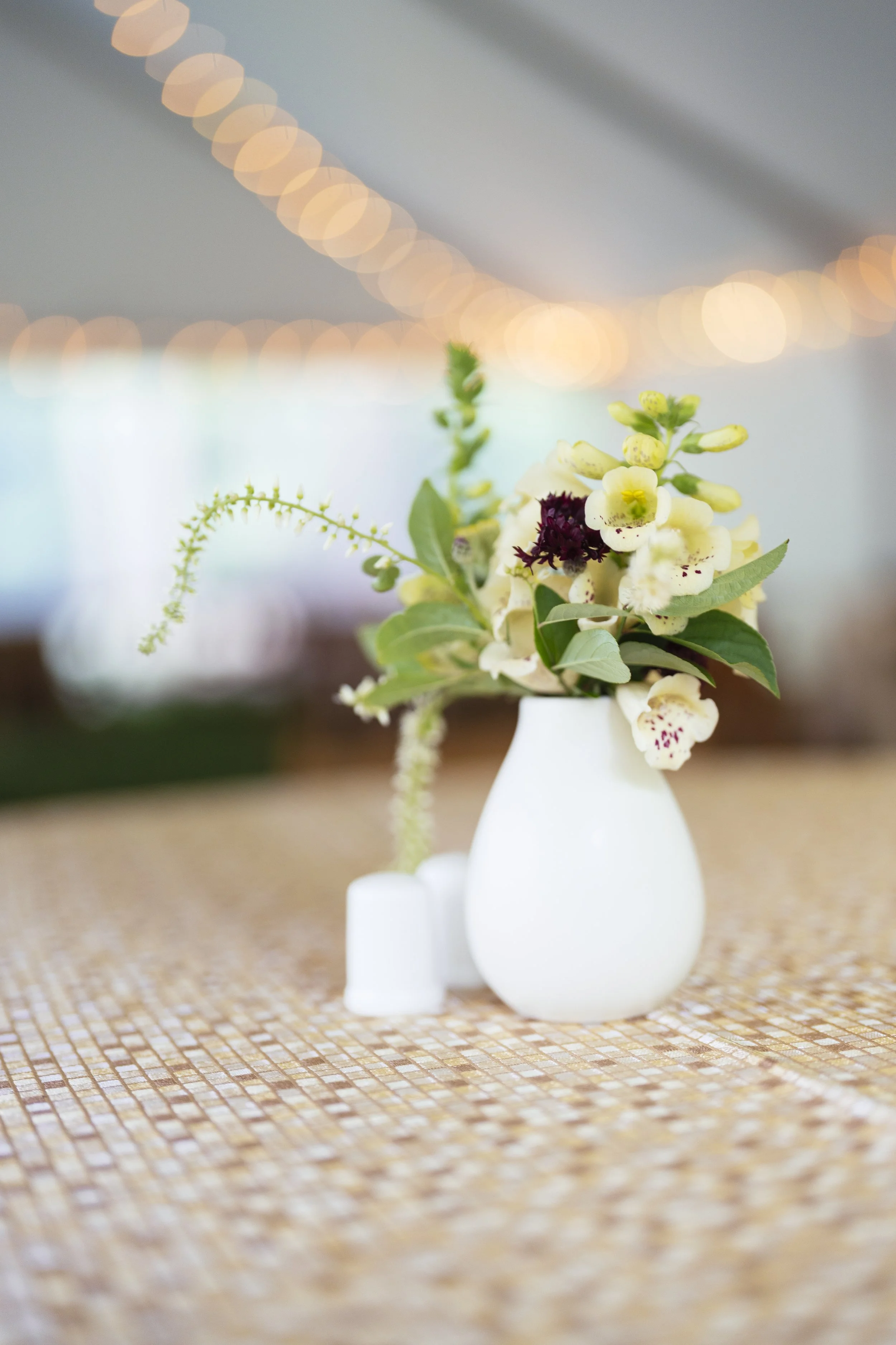 Tented outdoor reception with rented linens and string lights in the tent