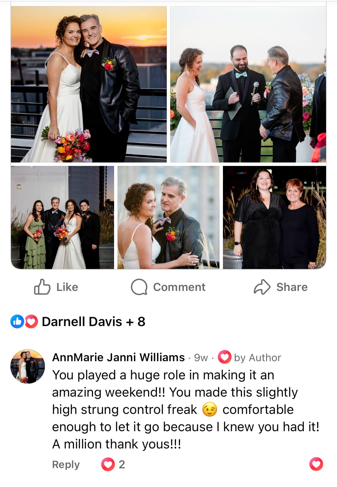 A collage of five photos from a Durham, rooftop, fall wedding in North Carolina.