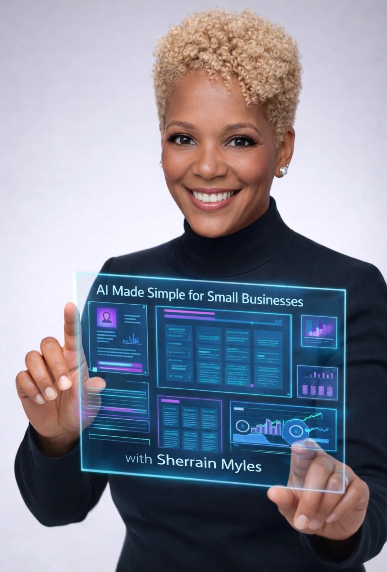 Woman with short, curly blonde hair wearing a black turtleneck and pearl earrings, smiling while pointing at a transparent digital display. The display contains text and graphs related to small business AI solutions, including the words 'AI Made Simple for Small Businesses' and 'with Sherrain Myles.'