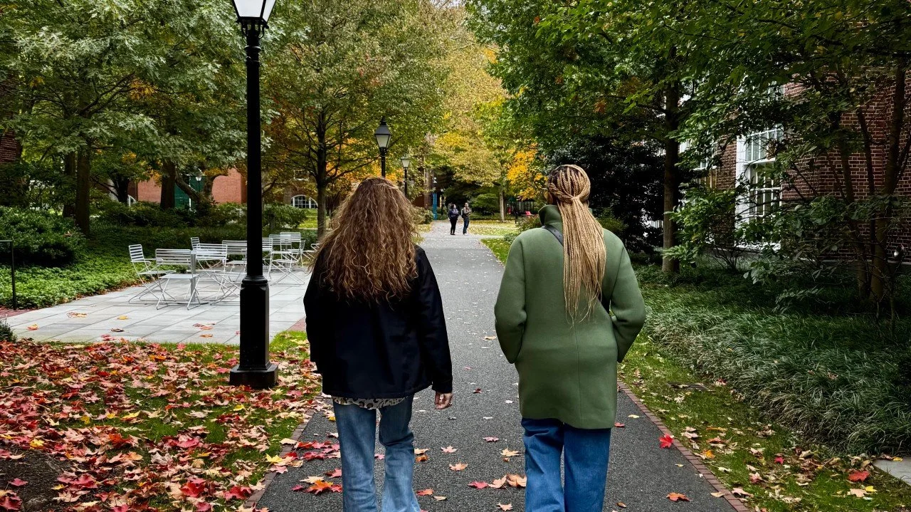 Two women walk down a tree-lined sidewalk during autumn; fallen leaves cover the ground and benches are visible on the left.