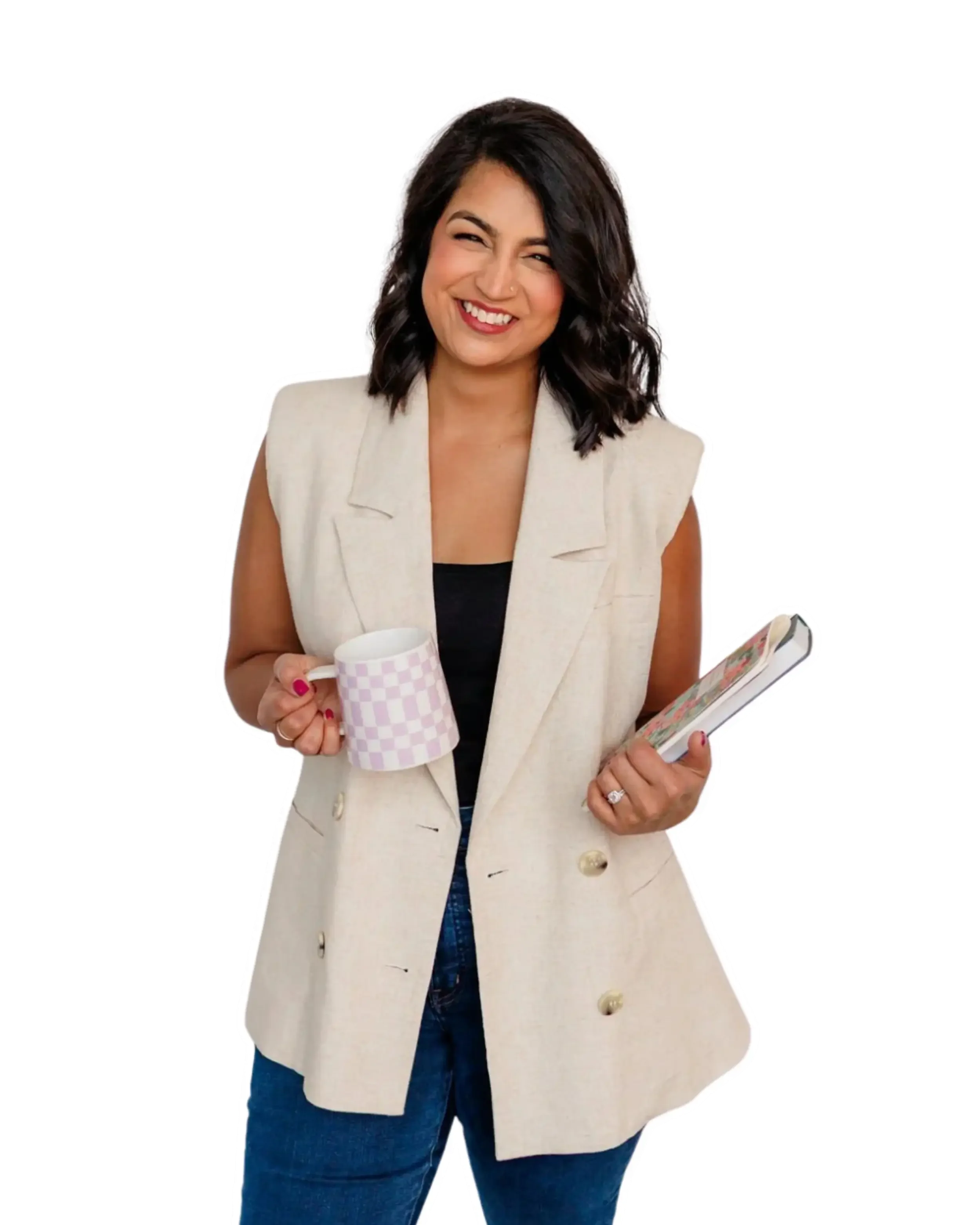 ADHD Coach smilingholding a mug and book transparent background