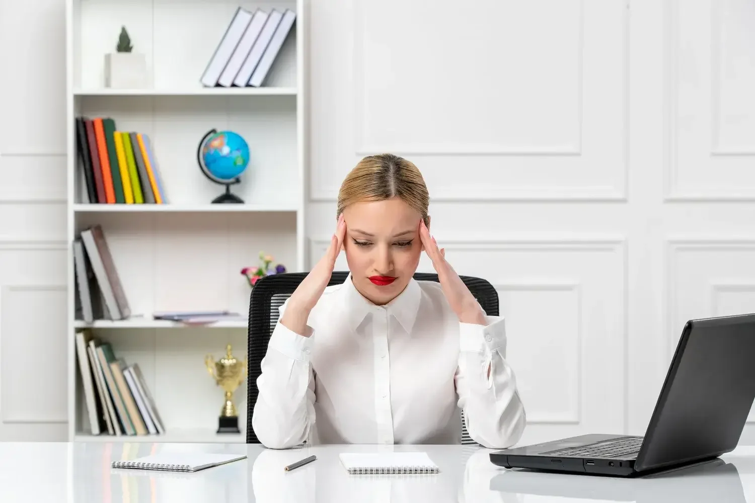 Customer service cute girl white shirt with red lipstick laptop staying focused