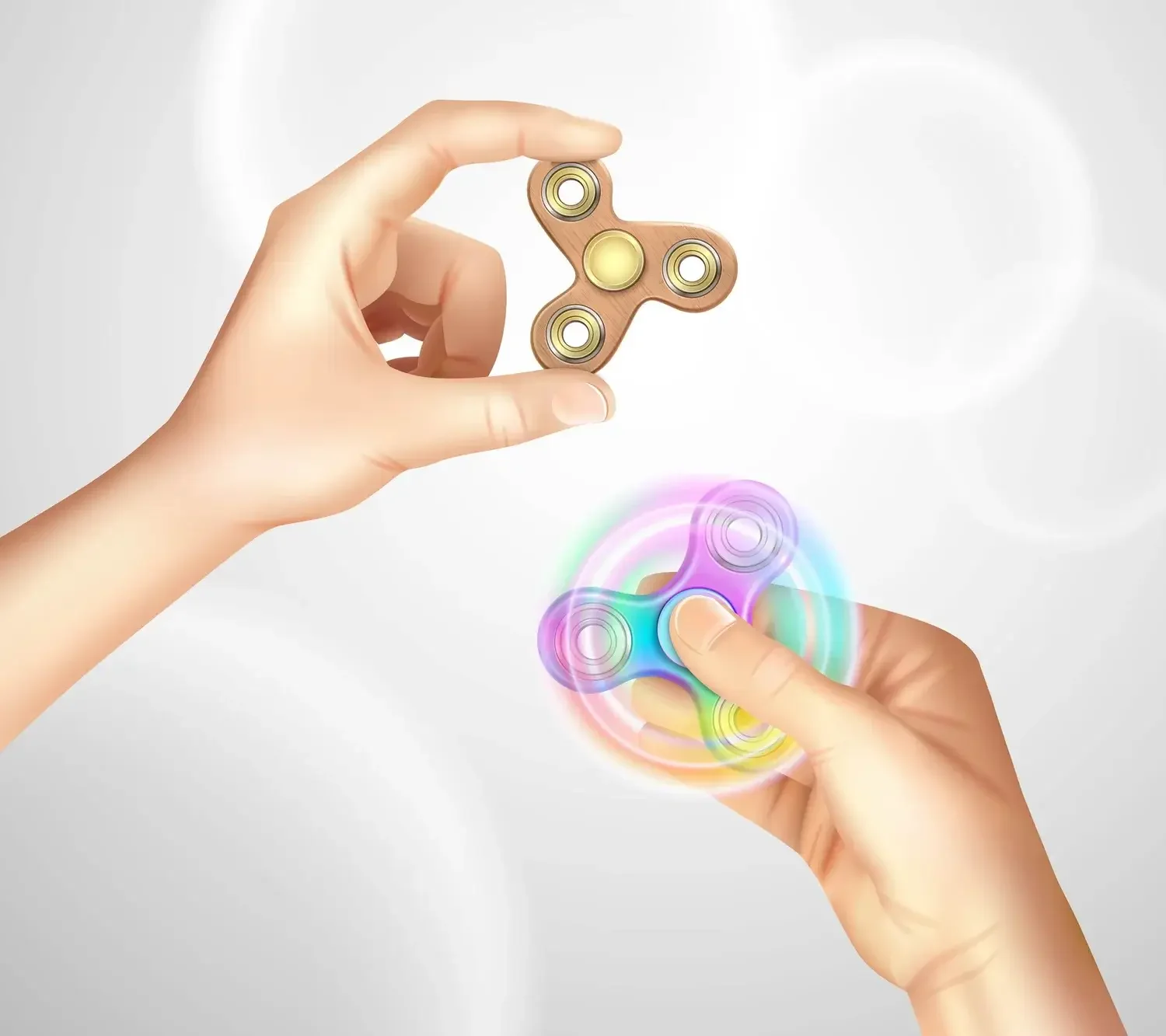 Two hands holding fidget spinners, one wooden and one colorful spinner