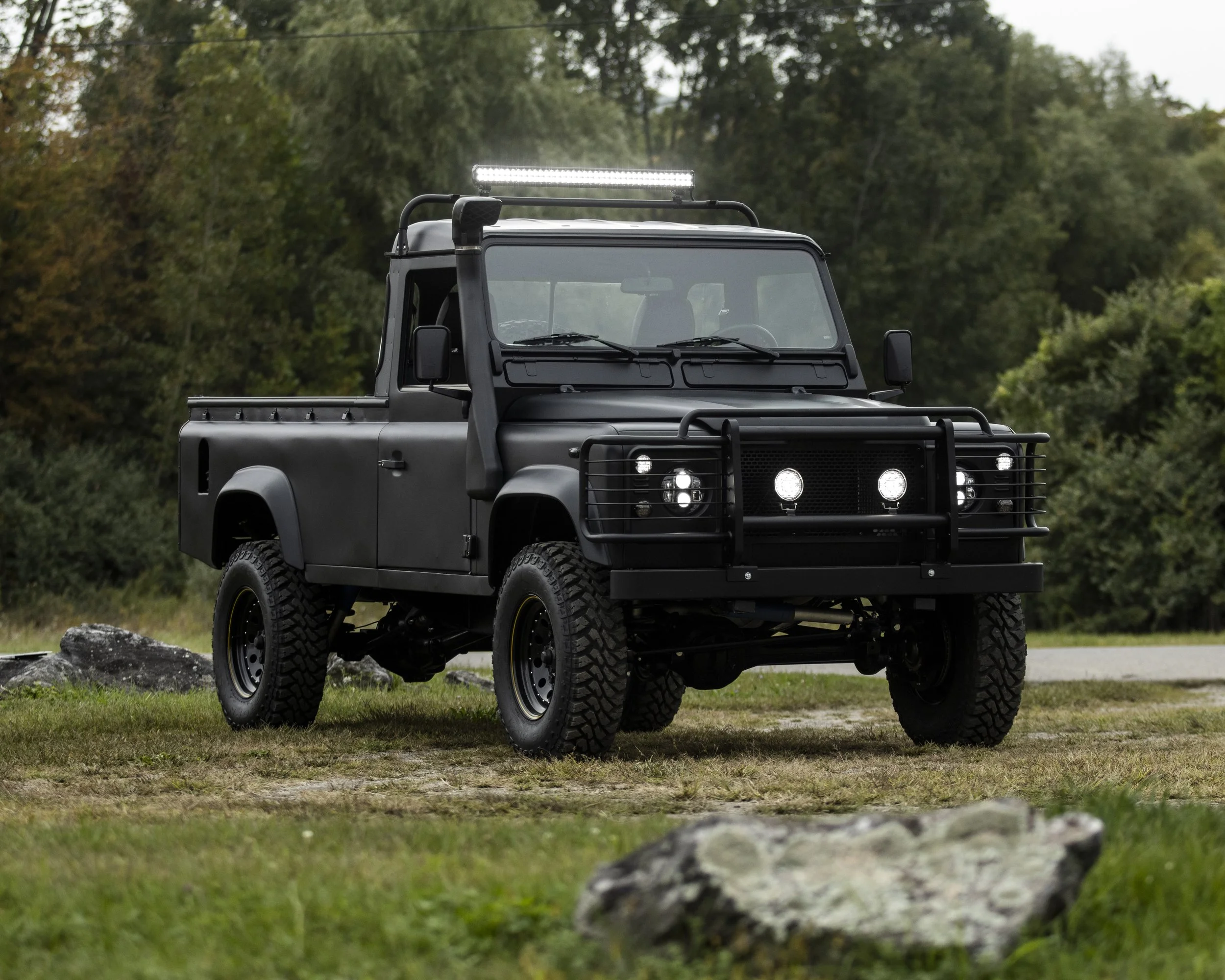 A black off-road pickup truck with protective grille, large tires, and LED light bar on the roof, parked on a grassy area with trees in the background.