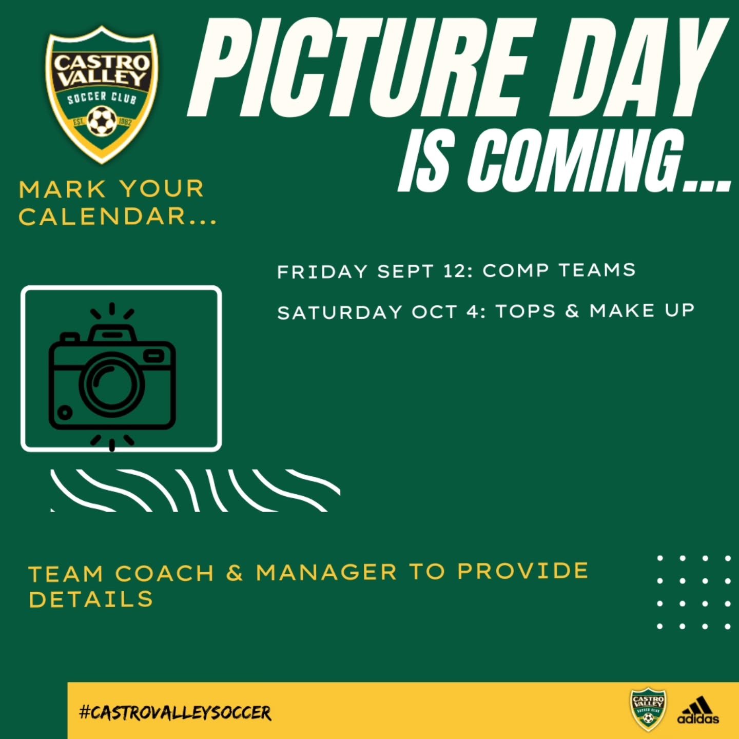 📢 Comp picture day 📢
Friday September 12th
Stonebrae 
📷⚽️
Schedule shared by managers,  link below:
https://flow.page/castrovsc
