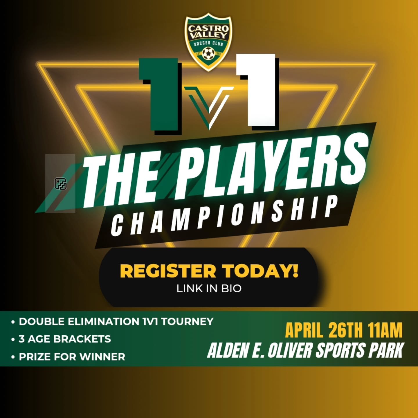📢 We're back! 📢
Join us April 26th for our 3rd annual 1 v 1 Tournament 
🔗 in bio. Register today to secure your spot
🏆⚽️ #castrovalleysoccerclub #elitefeet #topballer