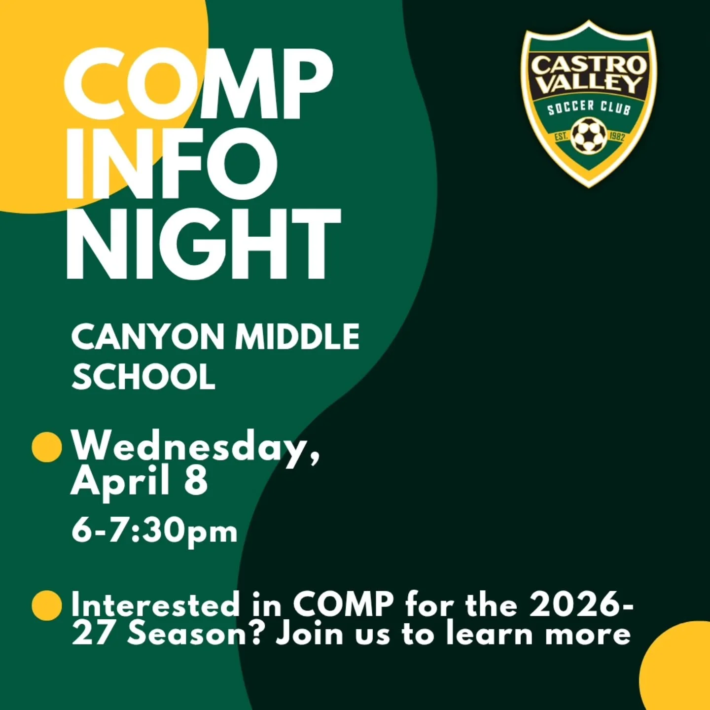 📢 Join us Wednesday at 6pm for our Comp Info Night

This session is designed for:

⚽️ Recreational families curious about the competitive pathway
⚽️ Current competitive families planning for next season
⚽️ Anyone interested in understanding tryouts,