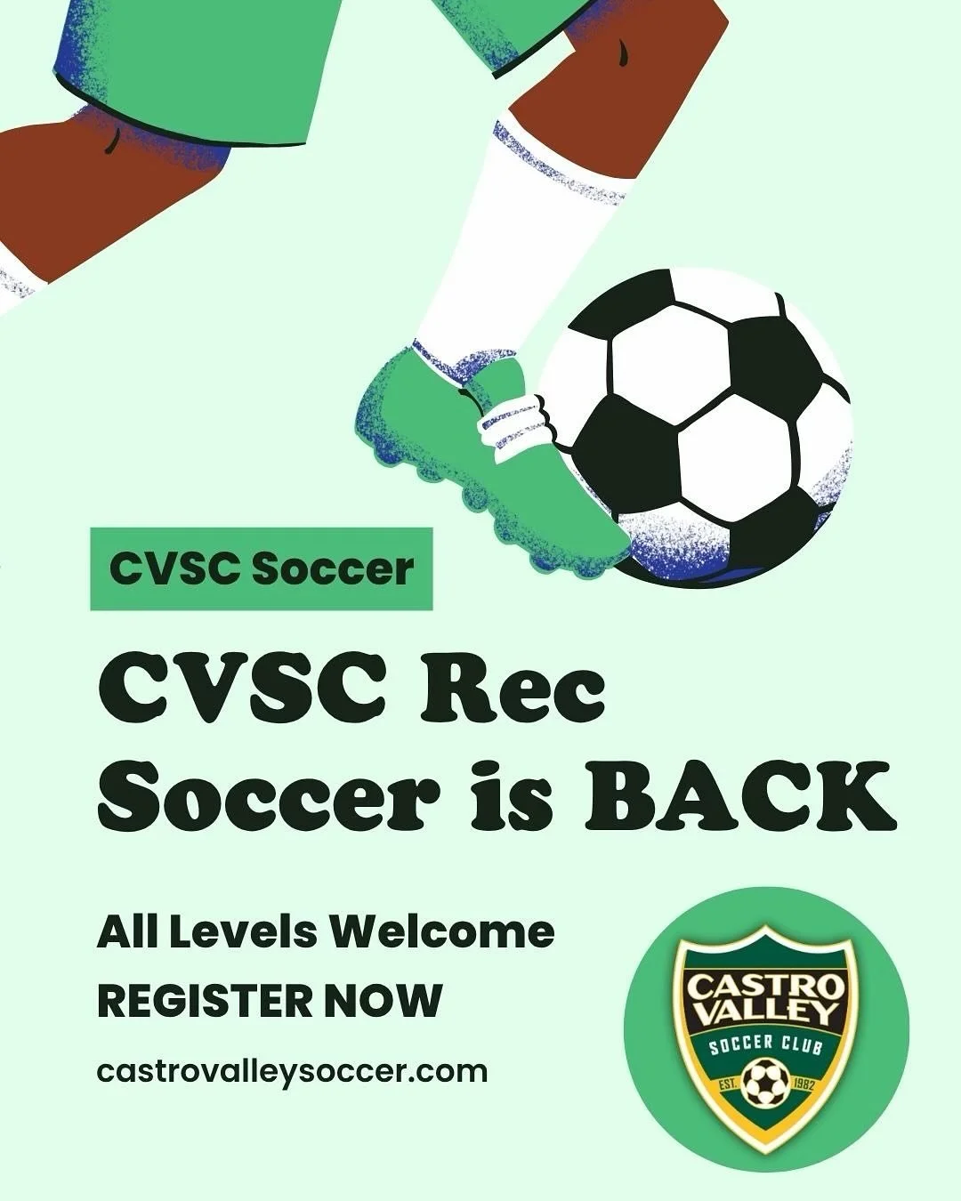 ⚽️🌟 Rec Soccer Registration is OPEN! 🌟⚽️
Join us for another amazing season of soccer, sunshine, and smiles in Castro Valley! 💚💛
From our youngest Bumblebees to our growing teens, CVSC players learn teamwork, sportsmanship, and a lifelong love of