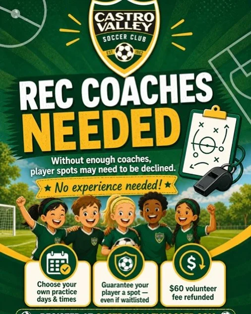 👋 We Need Coaches for ALL Age Groups! ⚽
Interested in making a difference in our community? Castro Valley Soccer Club is looking for enthusiastic coaches for all age levels - no experience necessary!
✅ Choose your practice days &amp; times
✅ Guarant