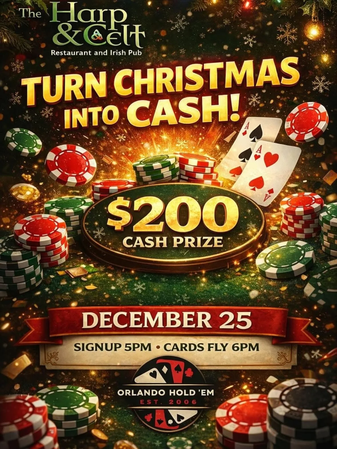 🎄 Merry Christmas ! 🎄
Join us at The Harp &amp; Celt this Christmas Day for a festive poker night with a $200 CASH PRIZE 
5pm Sign up and 6pm start!
Kitchen will be Open!

FESTIVE FOOTBALL AT THE HARP &amp; CELT ⚽️🎄
Join us for a busy fixture list