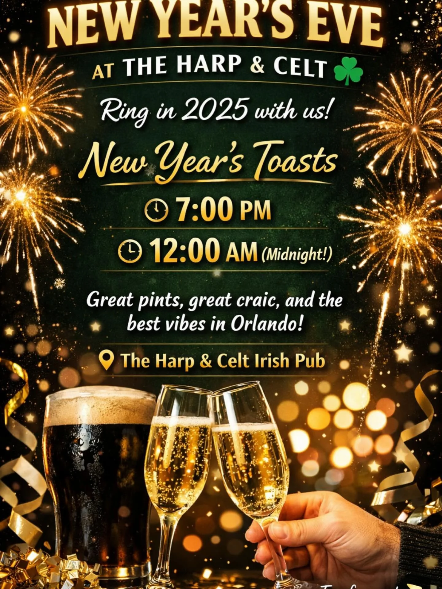🍾✨ NYE at The Harp &amp; Celt ✨🍾
Join us as we ring in the New Year with two celebrations &mdash; a 7pm toast and our midnight countdown!

Grab a pint, bring your friends, and celebrate New Year&rsquo;s Eve the Irish way ☘️
#NewYearsEve #HarpAndCel