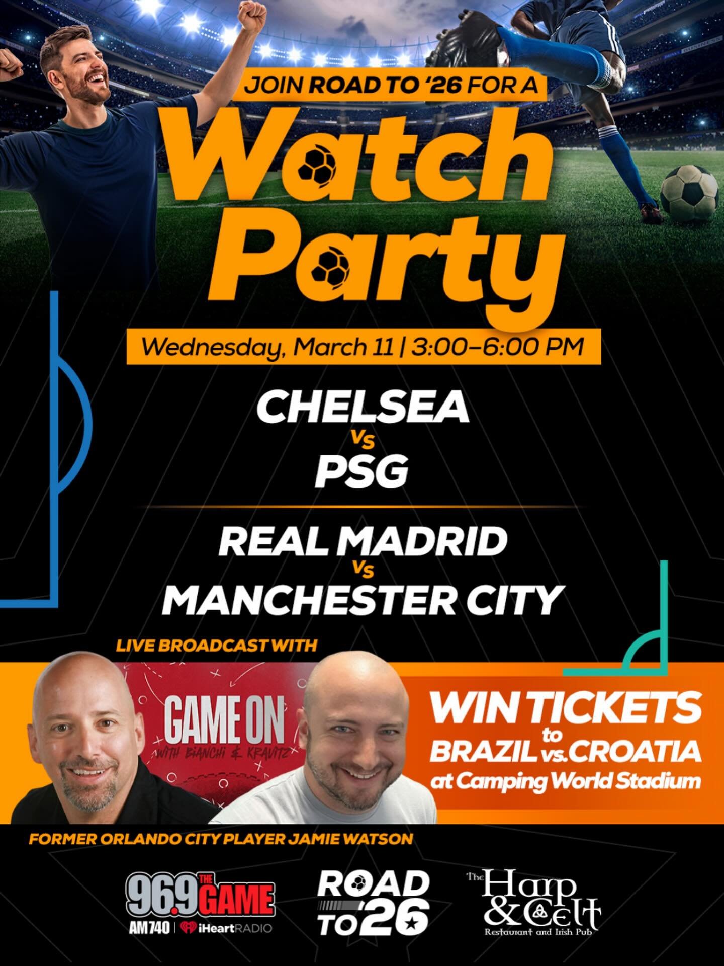 ⚽️ Champions League Watch Party ⚽️

Join us Wednesday from 3&ndash;6PM for a huge afternoon of football!

Chelsea vs PSG Real Madrid vs Manchester City

LIVE broadcast with Game On on 96.9 The Game

🎟 Win tickets to Brazil vs Croatia at Camping Worl