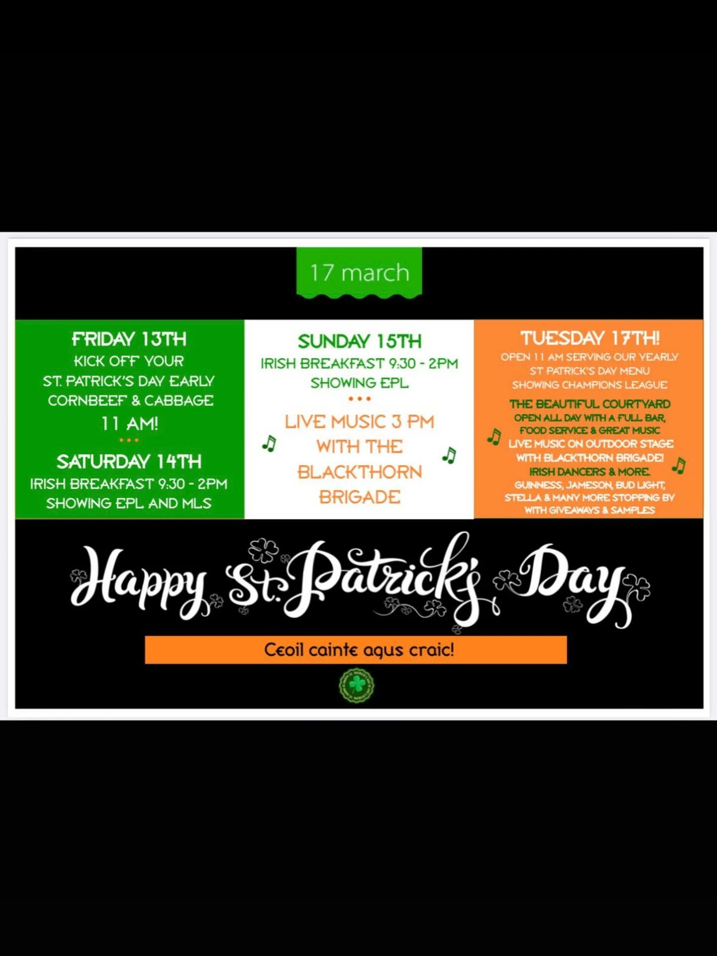 St Patrick&rsquo;s Week at The Harp &amp; Celt

We&rsquo;re celebrating St. Patrick&rsquo;s Day the proper way with great food, live music, football, and plenty of Pints.

Friday 13th Kick off St. Patrick&rsquo;s weekend early Corned Beef &amp; Cabba