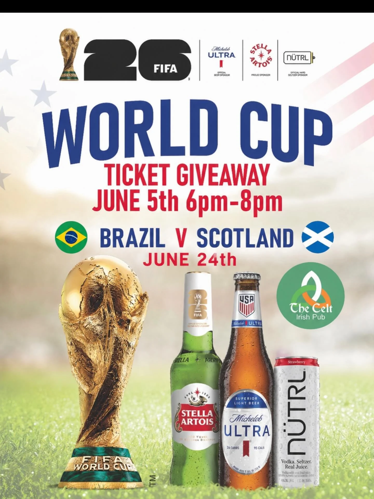 GIVEAWAY TIME

We&rsquo;re sending YOU to Fifa World Cup in Miami for one of the biggest matchups of the summer!

WIN 2 TICKETS to Brazil vs Scotland Live in Miami June 24th

Join us at The Harp &amp; Celt on June 5th from 6&ndash;8PM for your chance