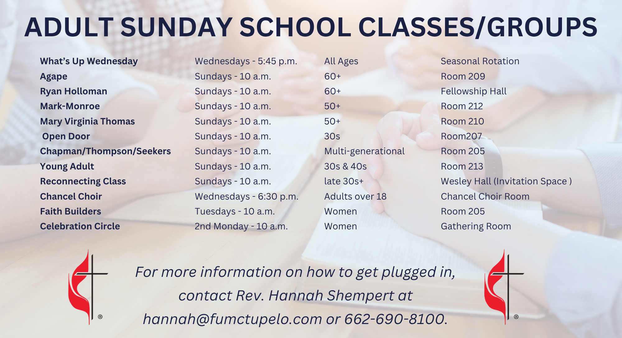 Schedule of adult Sunday school classes/groups listing class names, times, ages, and locations, with a background of people holding hands.