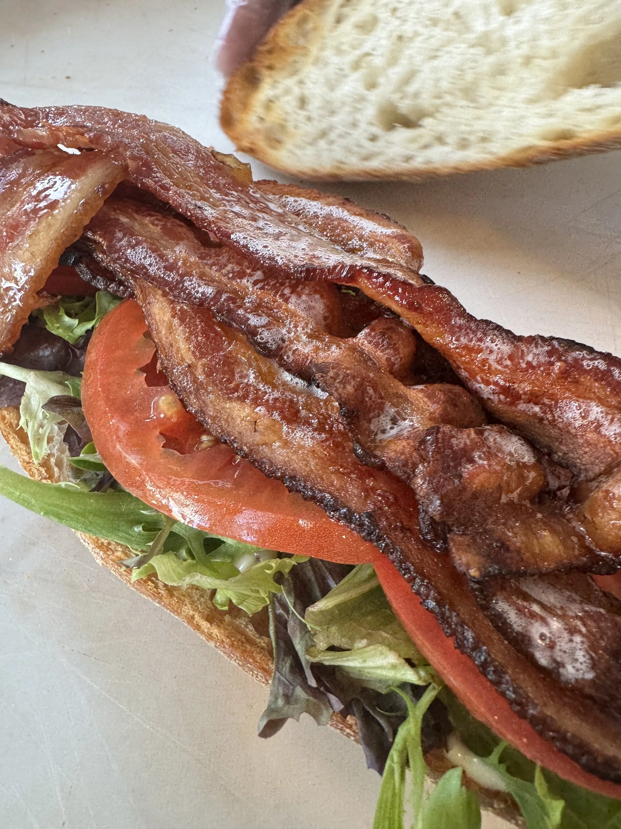 bacon, lettuce and tomato on a baguette bun