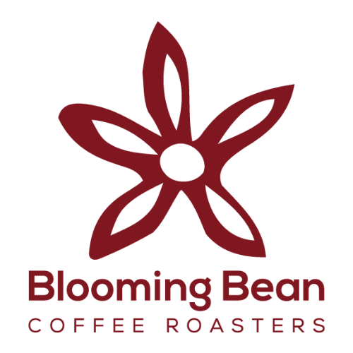 A red logo flower outline and says blooming bean coffee roasters