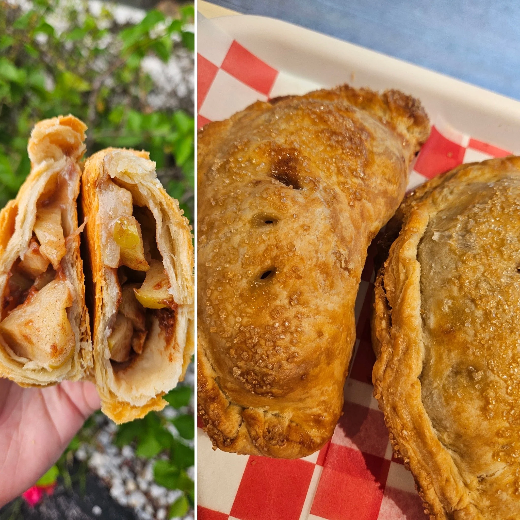 apple hand pie pastries one open showing a cinnamon apple filling and another closed on red check paper