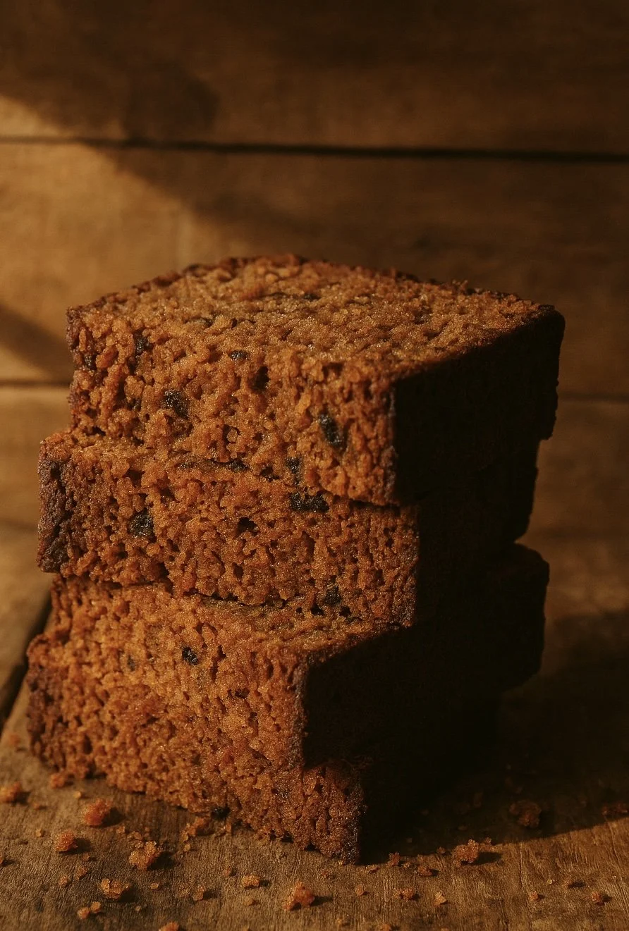 Four slices of morning glory bread stacked in a tower on a counter