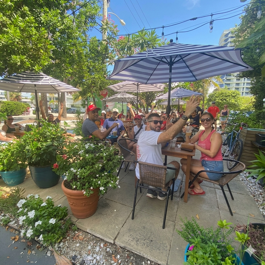 PEOPLE ON THE BAKERY PATIO ENJOYING FOOD UNDER UMBRELLAS