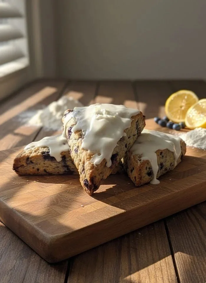 2 blueberry scones on a wooden board topped with white icing and lemons and blueberries in the background