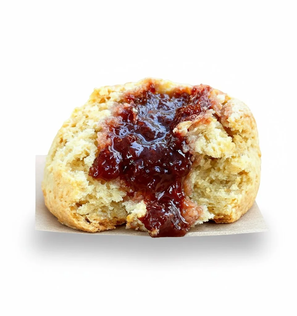 A cream scone on a white back ground topped with a red jam