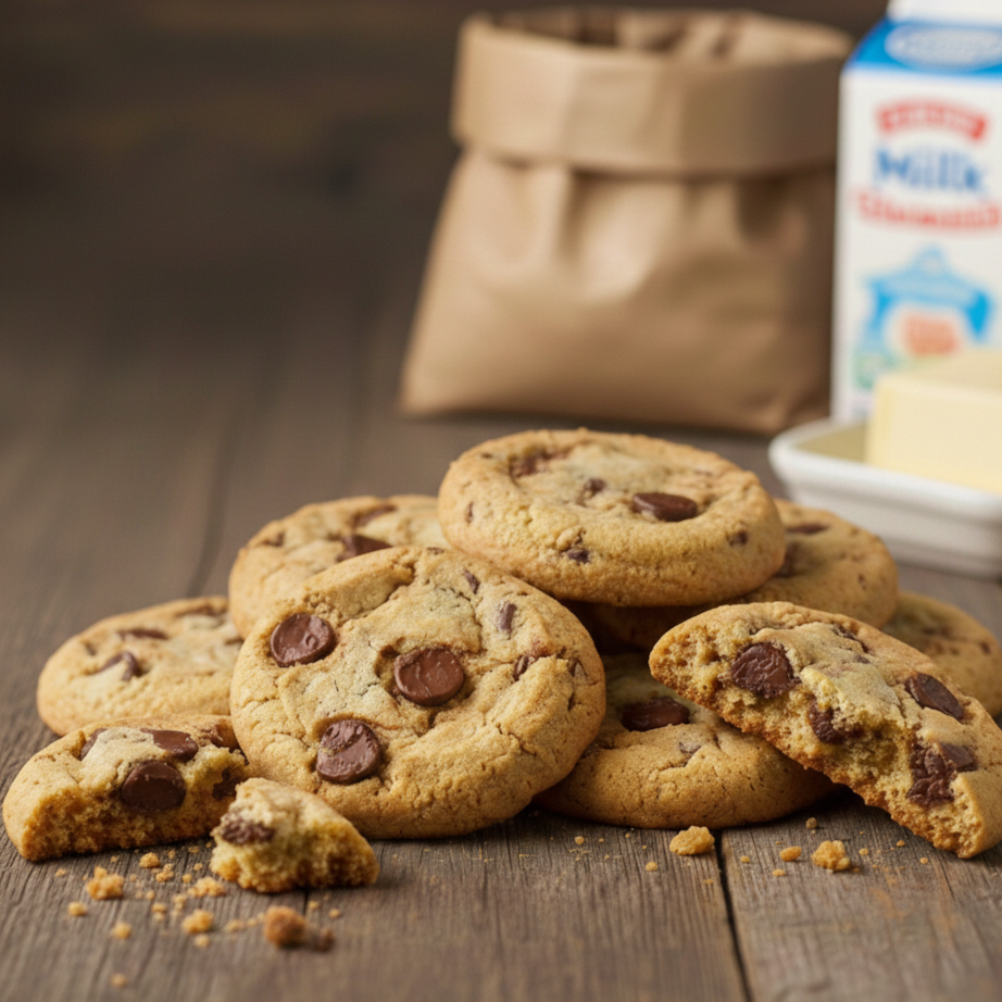 A stack of chocolate chip cookies on a counter top with flour and butter in the back ground