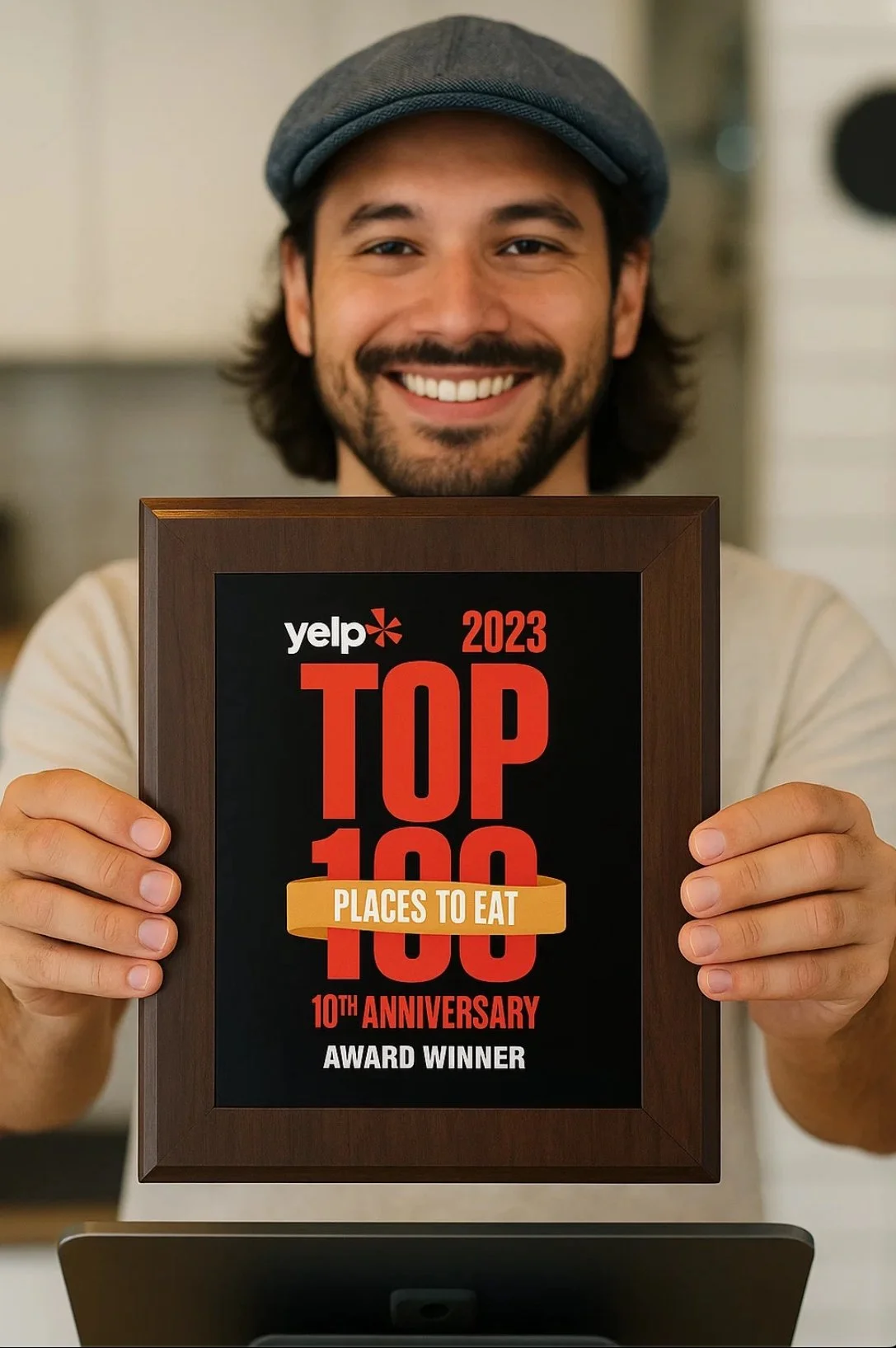 A man smiling and holding a framed award for Yelp's Top 100 Places to Eat in 2023, celebrating the 10th anniversary of the award.
