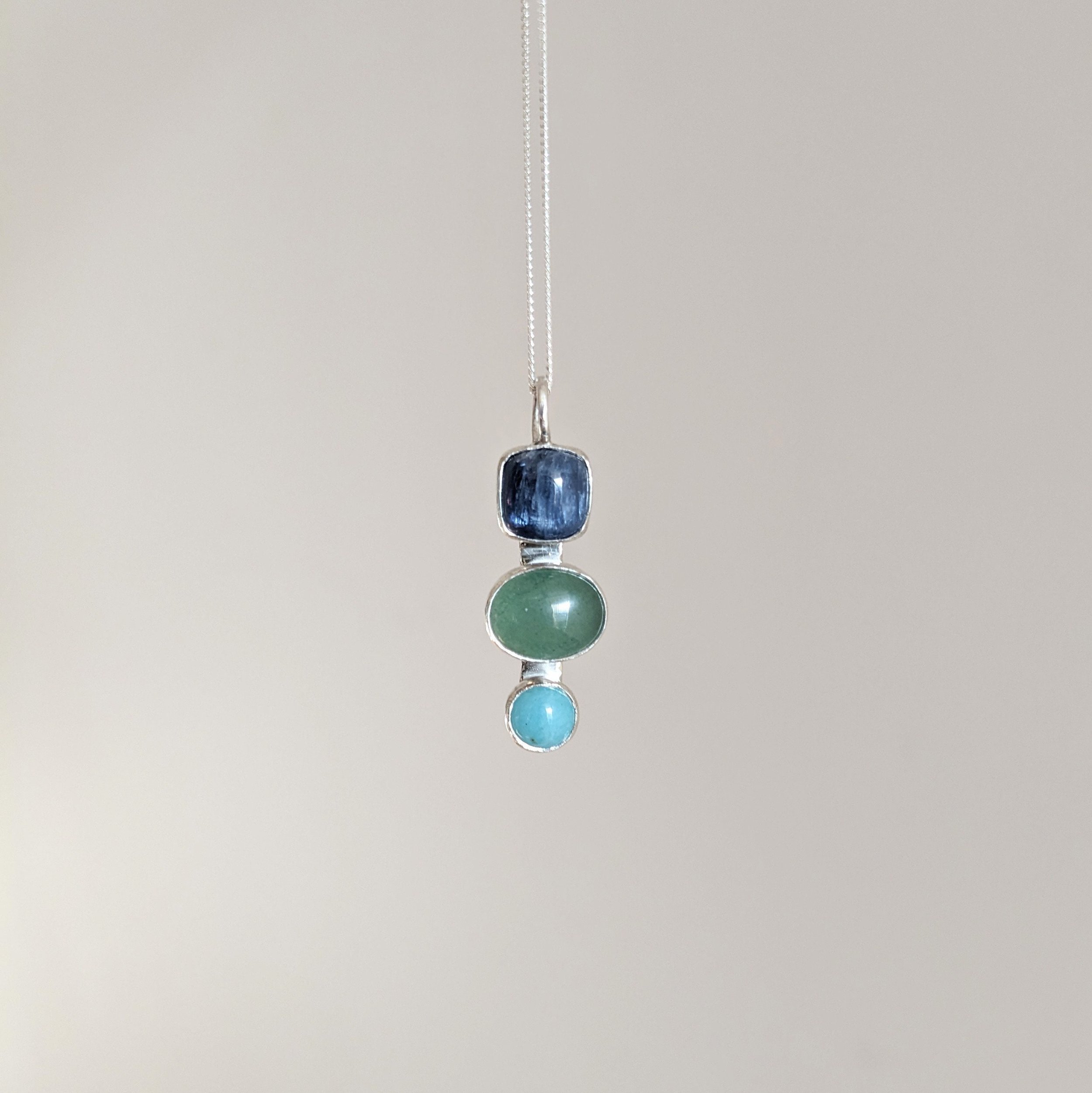Three-Stone Necklace: Blue Kyanite, Green Aventurine & Amazonite in Recycled Silver