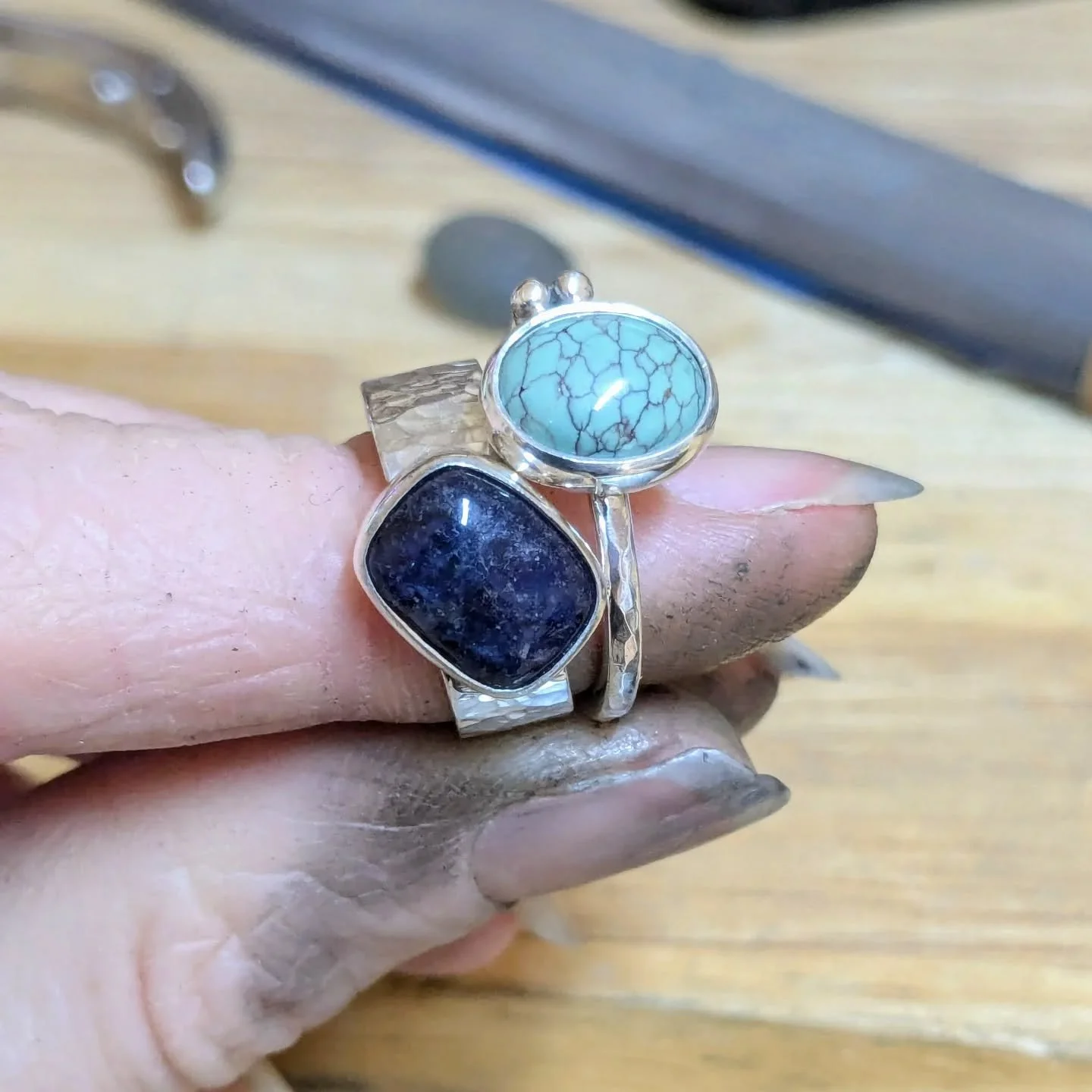 Two rings that left the studio together yesterday 😍

Sodalite and Egyptian green turquoise - how beautiful are these stones together! 💙

#gemstonerings #turquoisejewellery #ecofriendlyjewellery #ecoconsciousfashion #indiebusiness